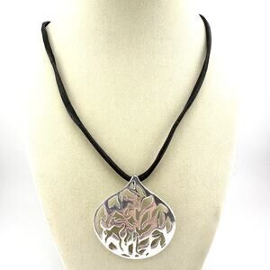 18” Fossil Dark Brown Leather Cord Abstract Silver Tone Pendant Necklace